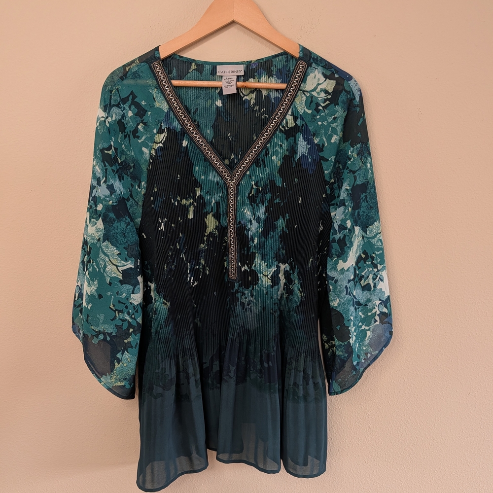 Catherines Beaded Pleated Blouse Womens 3XWP‎ 26/28W Teal Floral Sheer Sleeve